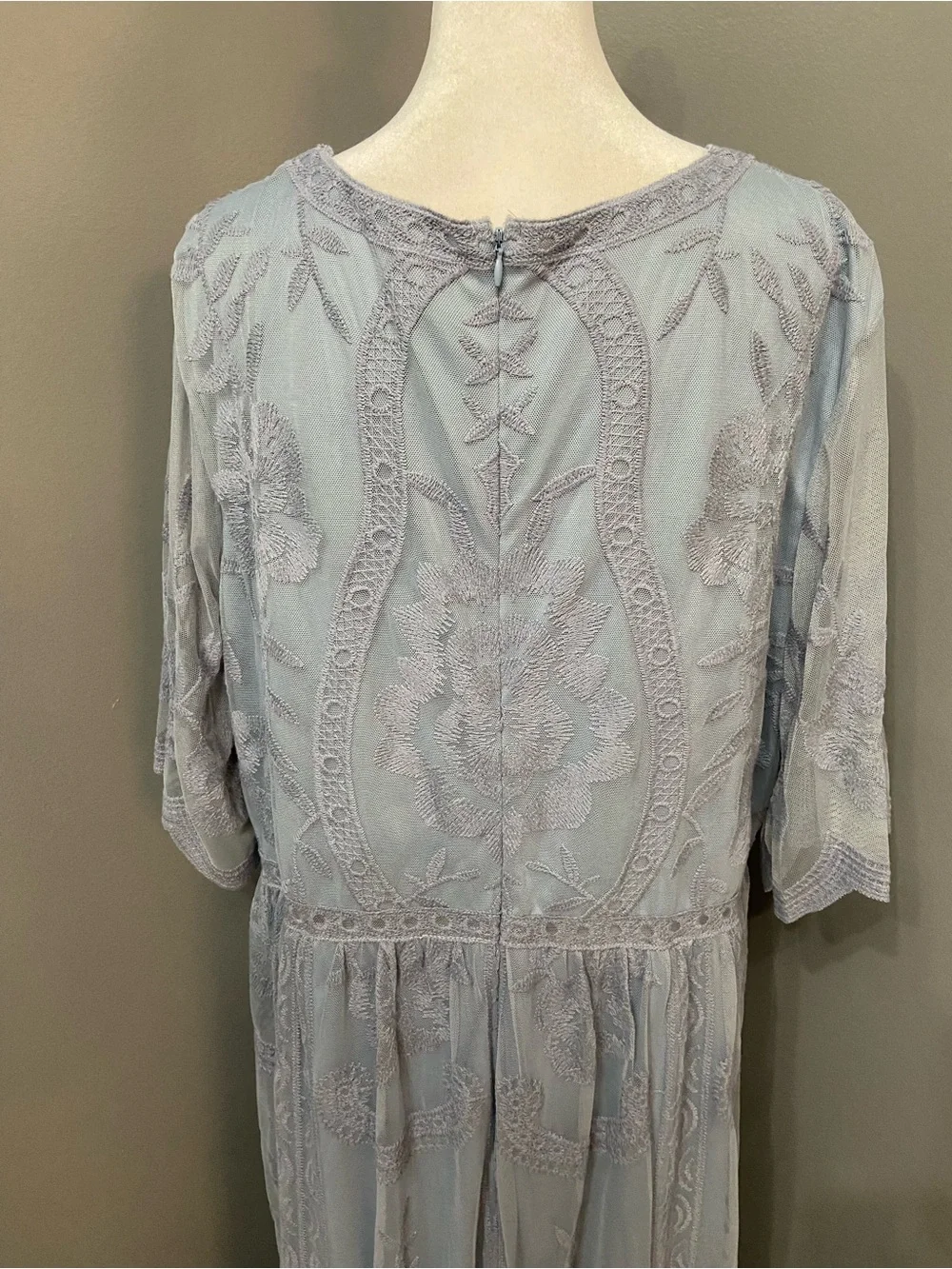 PINKBLUSH Light Blue Mesh/Lace Overlay Maternity Maxi Dress 3X Deep V-Neck Gown - Picture 7 of 17